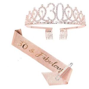 30 & Fabulous Birthday Tiara and Glitter Sash, Rhinestone Crown for Queens.